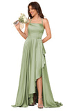 Women's Long Satin Bridesmaid Dresses Spaghetti Strap Halter Formal Evening Gown Ruffle High Low Wedding Guest Dress