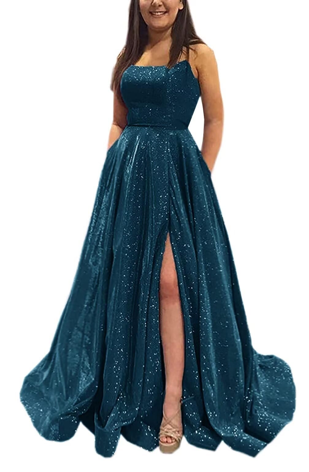 Kingbridal Gowns Spaghetti Straps Prom Dresses Long for Women 2026 A Line Sequin Satin Formal Evening Party Ball Gowns with Slit