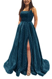 Kingbridal Gowns Spaghetti Straps Prom Dresses Long for Women 2026 A Line Sequin Satin Formal Evening Party Ball Gowns with Slit