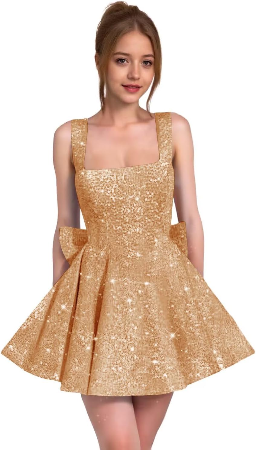 Sparkly Sequin Homecoming Dresses for Teens Short Prom Dress Square Neck Bow Formal Cocktail Gowns with Pockets