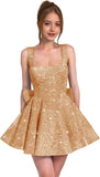 Sparkly Sequin Homecoming Dresses for Teens Short Prom Dress Square Neck Bow Formal Cocktail Gowns with Pockets
