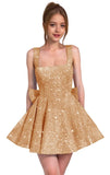 Sparkly Sequin Homecoming Dresses for Teens Short Prom Dress Square Neck Bow Formal Cocktail Gowns with Pockets