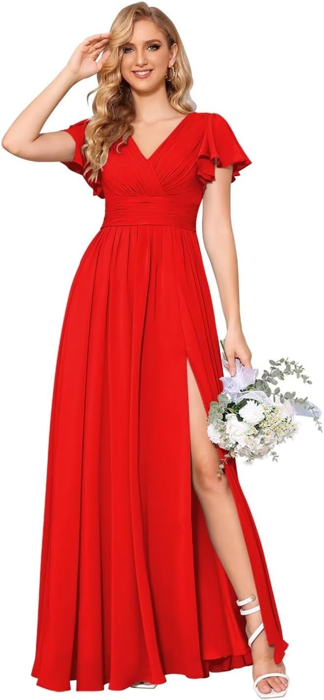 Flutter Sleeves Split Bridesmaid Dresses with Slit Long V Neck Empire Waist Formal Dress for Women Wedding