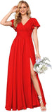 Flutter Sleeves Split Bridesmaid Dresses with Slit Long V Neck Empire Waist Formal Dress for Women Wedding
