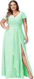 Vestidos de dama de honor de talla grande con mangas con volantes y bolsillos, vestido formal largo con escote en V y abertura. 
