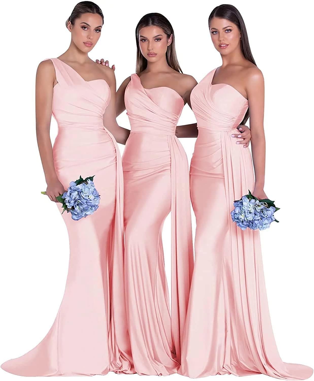 Women's One Shoulder Mermaid Bridesmaid Dresses Long Ruched Bodycon Satin Formal Prom Gowns