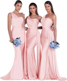 Women's One Shoulder Mermaid Bridesmaid Dresses Long Ruched Bodycon Satin Formal Prom Gowns