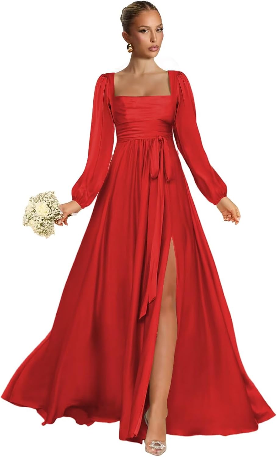 Satin Bridesmaid Dresses with Slit Long Sleeve Square Neck A Line Maxi Formal Dress
