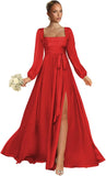 Satin Bridesmaid Dresses with Slit Long Sleeve Square Neck A Line Maxi Formal Dress