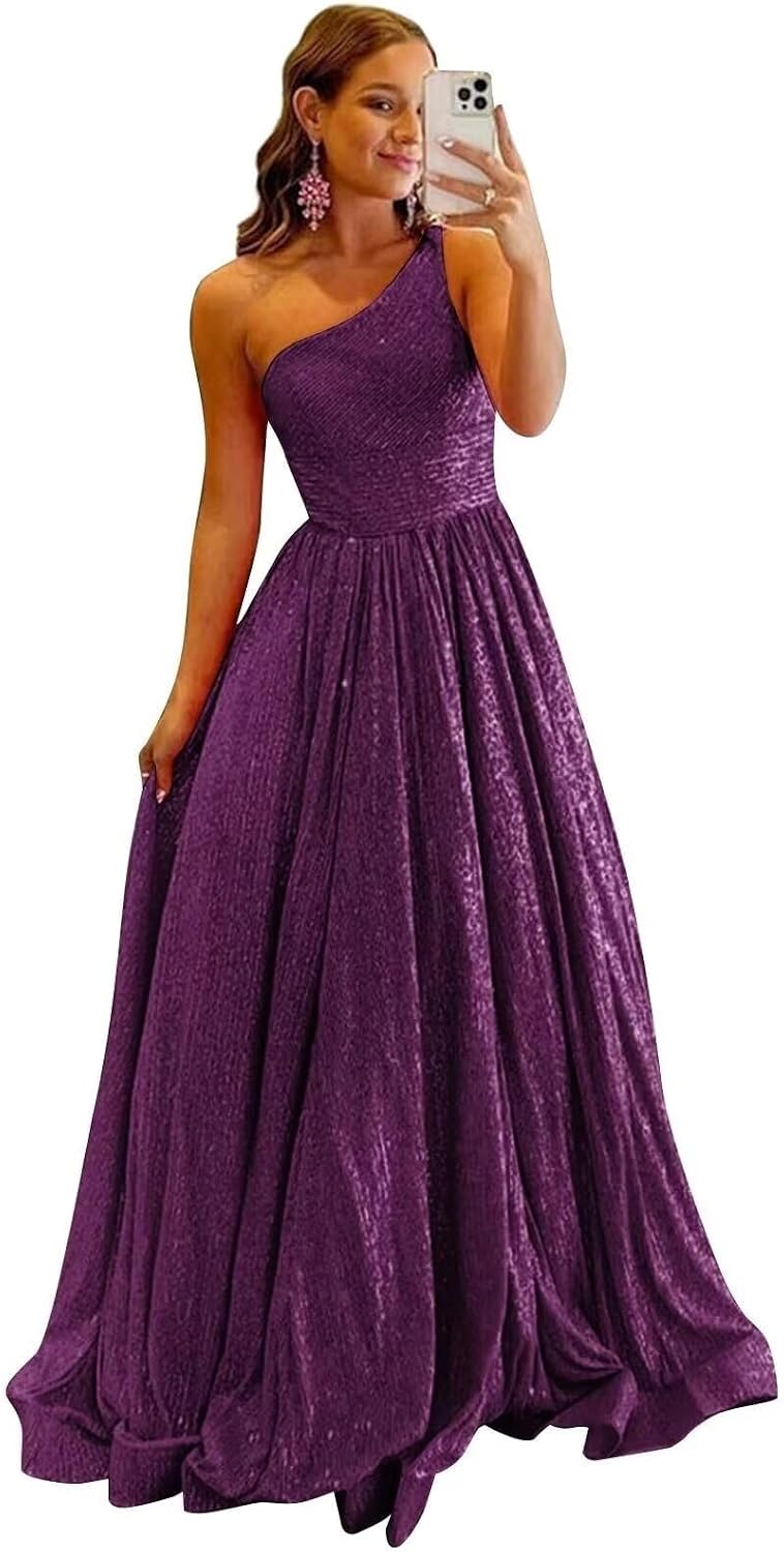 One Shoulder Sequin Prom Dresses for Women 2027 Sparkly Long A-Line Formal Evening Party Ball Gowns with Pockets