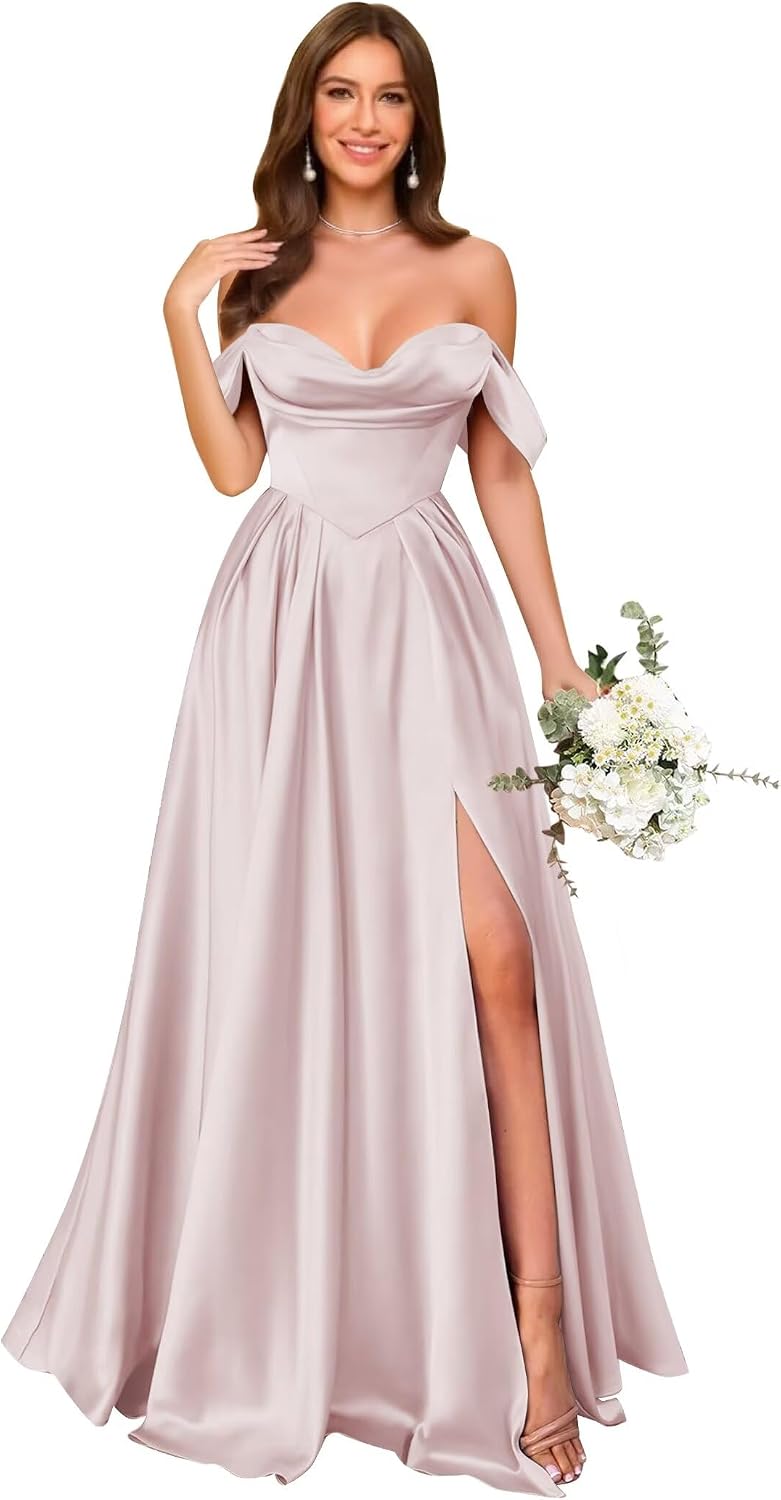 Off Shoulder Silk Satin Bridesmaid Dresses Long Pleated Formal Dresses A Line Evening Gowns with Slit