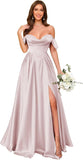 Off Shoulder Satin Bridesmaid Dresses Long Pleated Formal Dresses A Line Evening Gowns with Slit