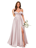 Off Shoulder Satin Bridesmaid Dresses Long Pleated Formal Dresses A Line Evening Gowns with Slit