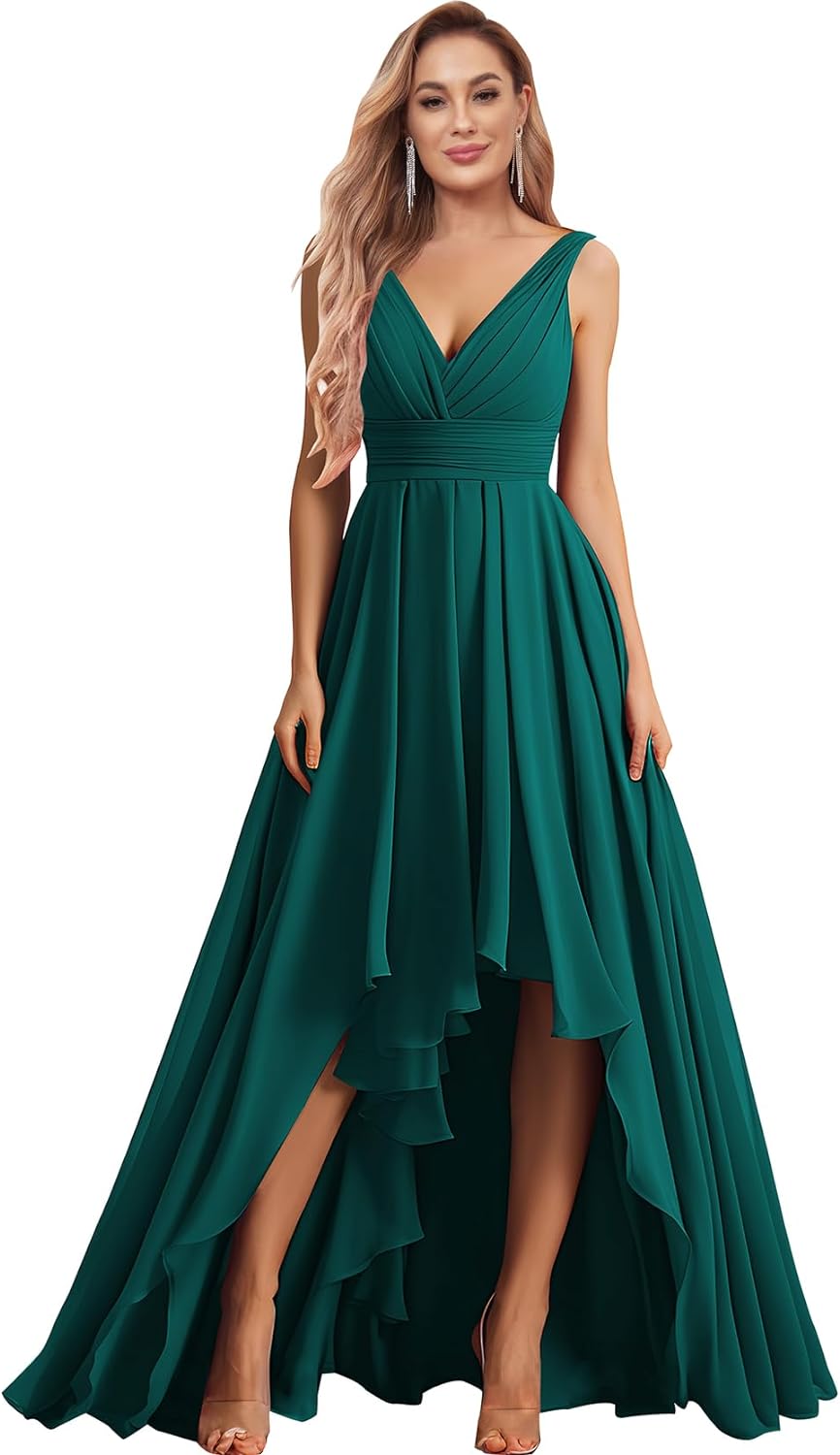 Vestidos de dama de honor con escote en V para mujer, para boda, con bolsillos, de gasa fruncida, largos, formales, para fiesta de graduación y noche.