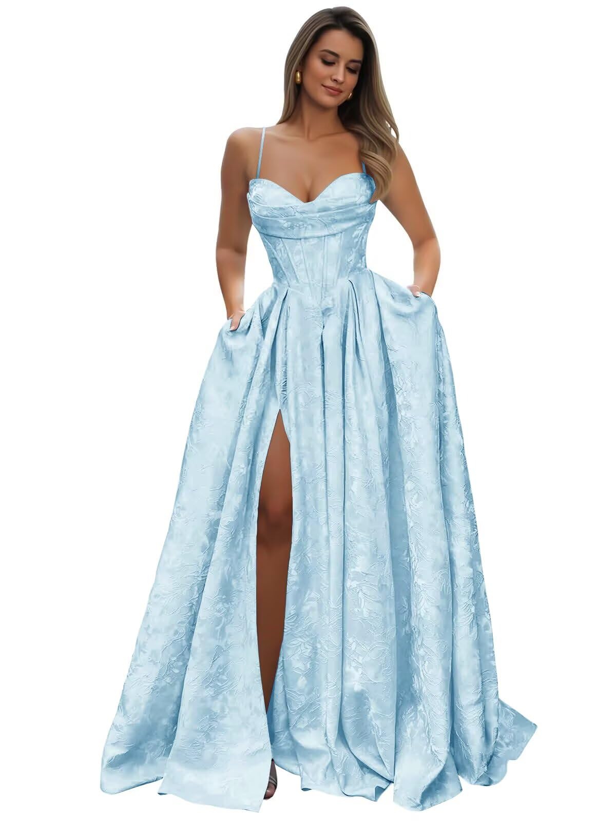Satin Spaghetti Straps Prom Dresses for Women Jacquard Aline Backless Formal Evening Party Ball Gowns with Pockets