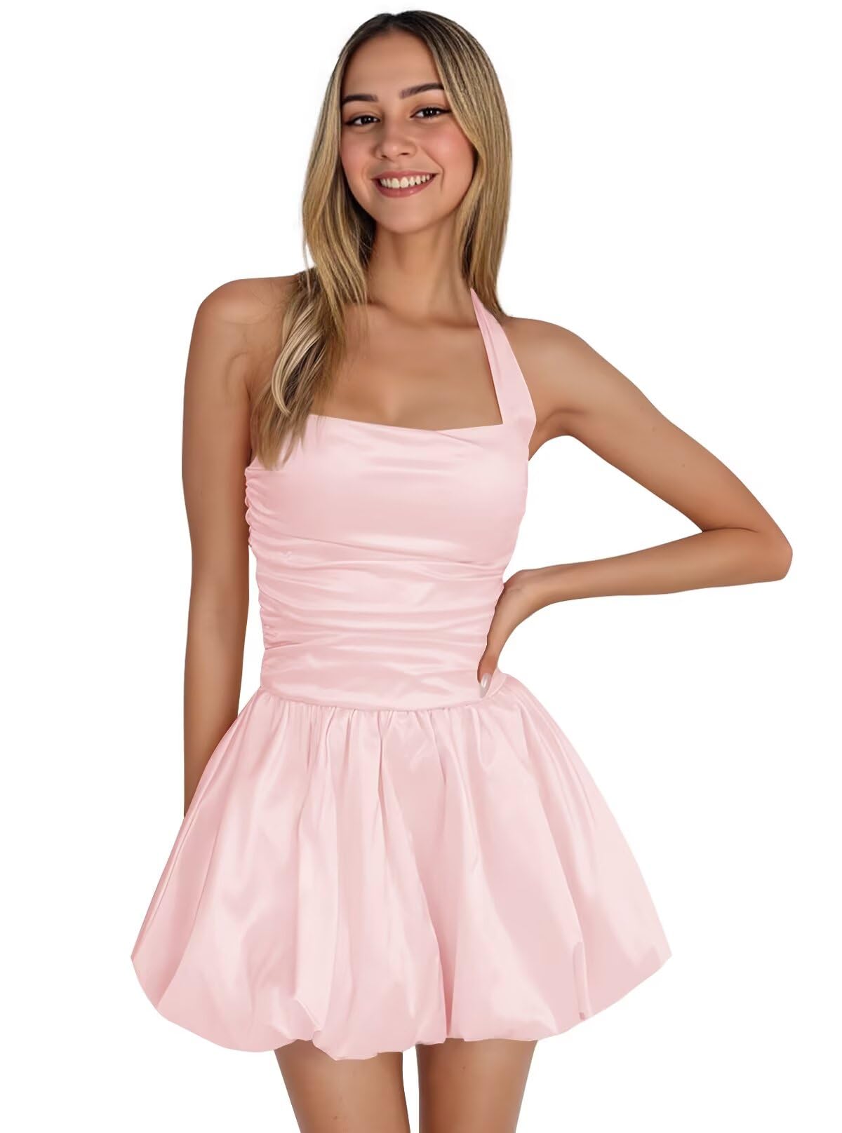 Satin Halter Homecoming Dresses for Teens Short Prom Dress 2027 Flower Bud Ruched Formal Cocktail Gown with Pockets