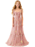 Floral Embroidered Tulle Flower Girl Dress Sweetheart Junior Bridesmaid Dresses Tiered Ruffled Formal Party Prom Gown