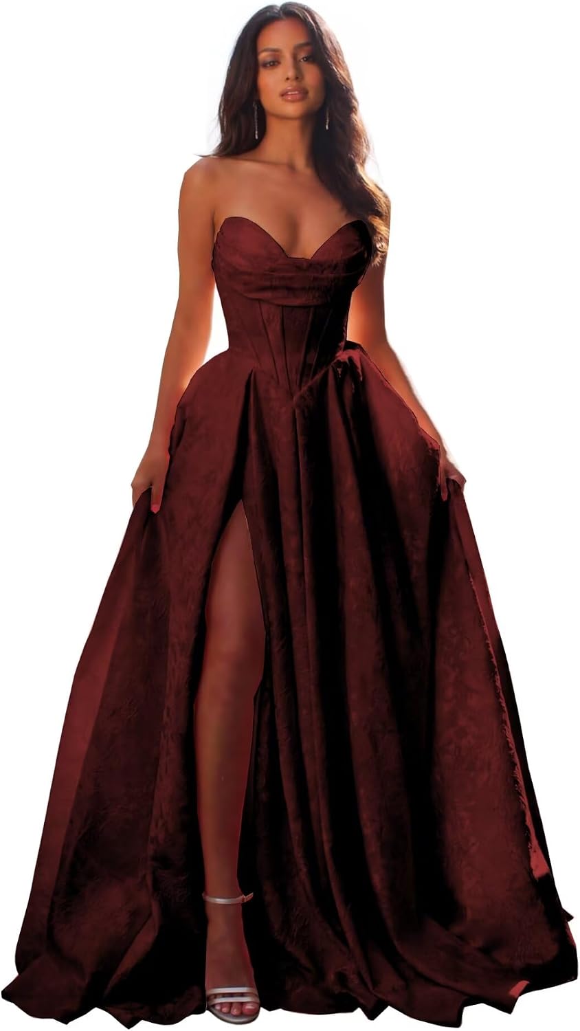 Jacquard Satin Prom Dresses with Slit Strapless Corset A Line Long Formal Gowns