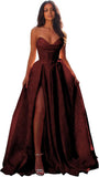 Jacquard Satin Prom Dresses with Slit Strapless Corset A Line Long Formal Evening Gowns