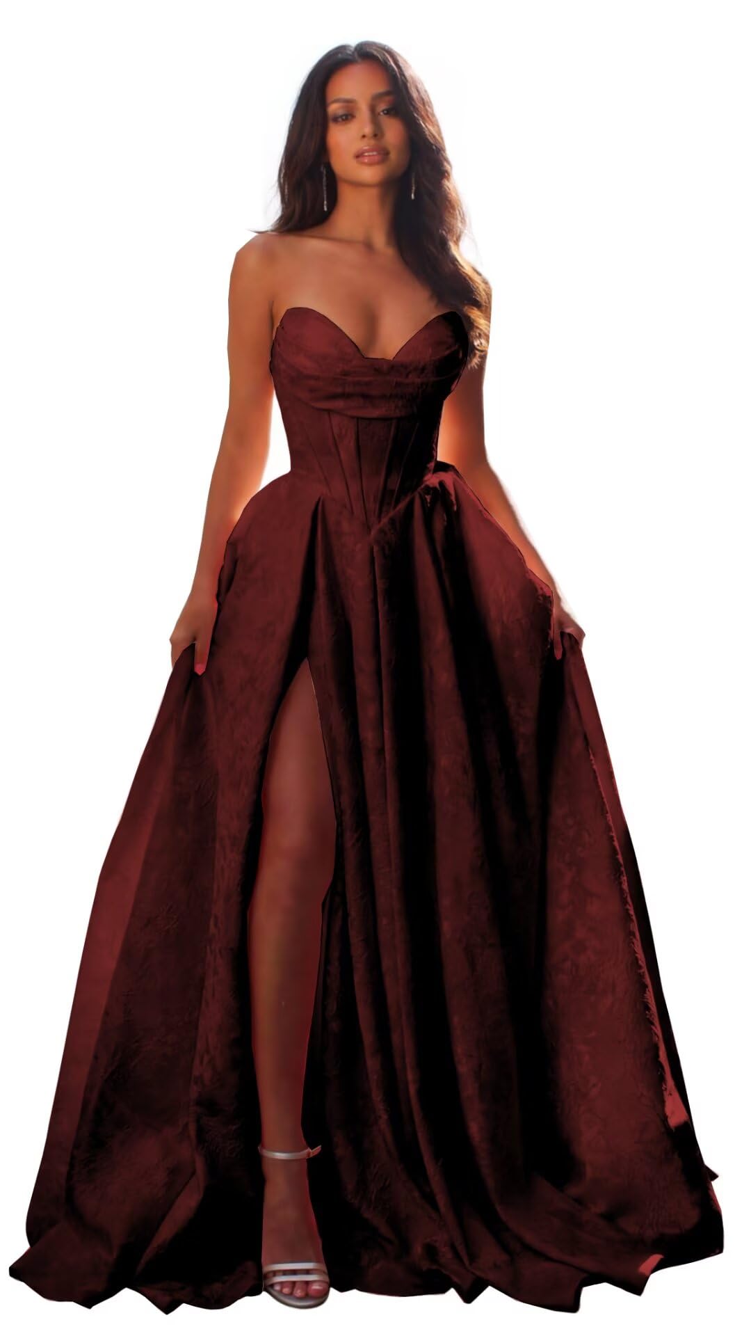 Jacquard Satin Prom Dresses with Slit Strapless Corset A Line Long Formal Evening Gowns