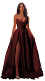 Jacquard Satin Prom Dresses with Slit Strapless Corset A Line Long Formal Evening Gowns