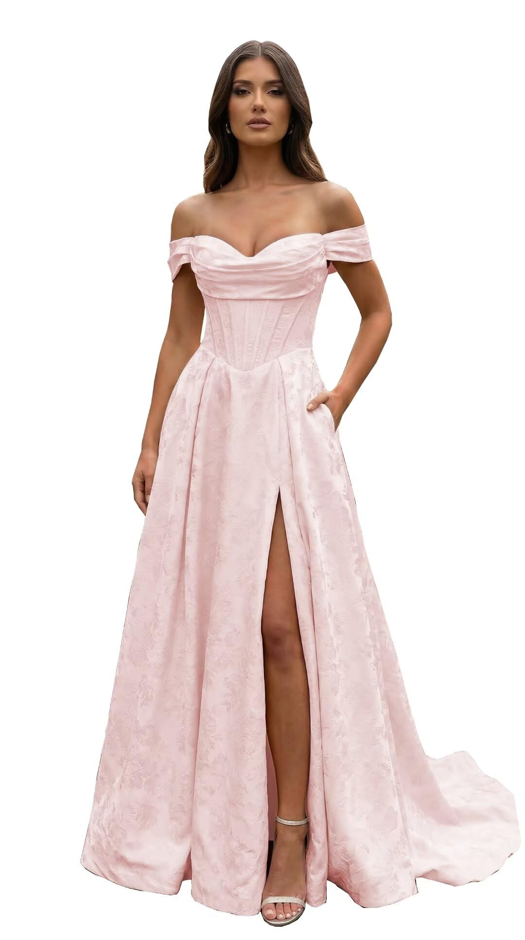 Jacquard Satin Prom Dresses Off the Shoulder Corset A Line Long Formal Gowns