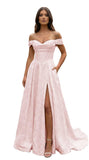 Jacquard Satin Prom Dresses Off the Shoulder Corset A Line Long Formal Gowns