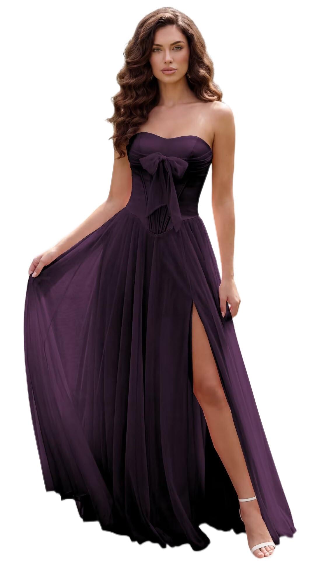 Strapless Chiffon Bow Prom Dresses 2026 Corset Chiffon Pleated A Line Formal Dress