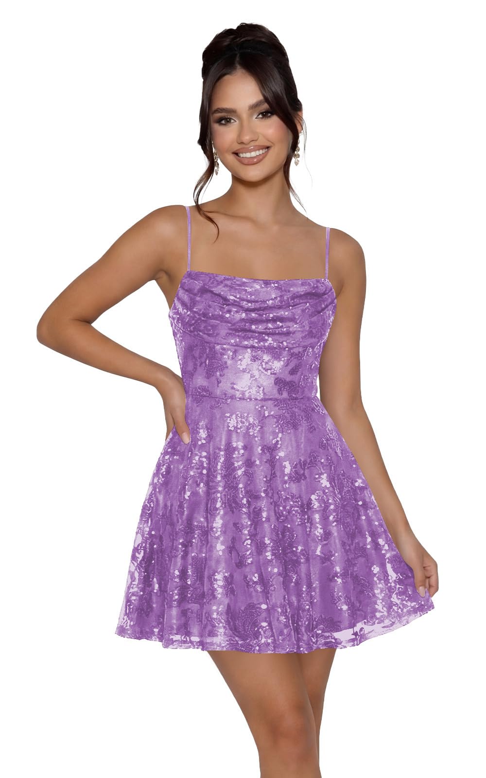 Sequin Prom Dresses 2026 for Teens Spaghetti Straps Cowl Neck Short Cocktail Party Dress