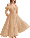 Dotted Tulle Off Shoulder Prom Dress for Women Sweetheart Midi Puffy Formal Party Gowns