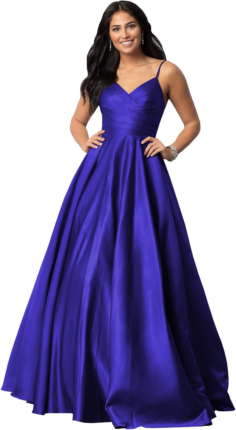 Women's Spaghetti Straps Satin Prom Dresses with Pockets V Neck Pleated Formal Evening Ball Gowns