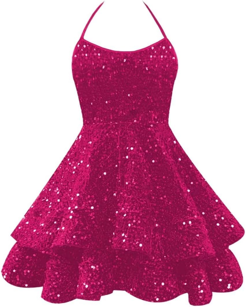 Sparkly Sequin Homecoming Dresses 2026 Spaghetti Straps Tiered Prom Dresses for Teens Short Cocktail Party Gowns