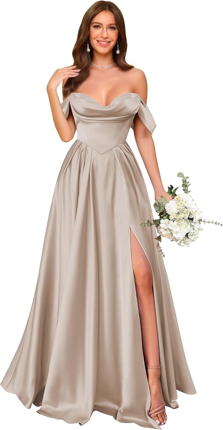Off Shoulder Satin Bridesmaid Dresses Long Pleated Formal Dresses A Line Evening Gowns with Slit