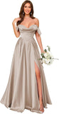 Off Shoulder Satin Bridesmaid Dresses Long Pleated Formal Dresses A Line Evening Gowns with Slit