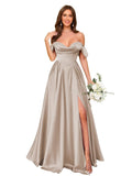 Off Shoulder Satin Bridesmaid Dresses Long Pleated Formal Dresses A Line Evening Gowns with Slit