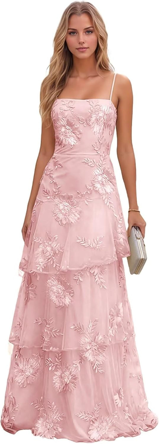 Jacquard Laces Prom Dress for Women Spaghetti Strap Bridesmaid Dresses Long Formal Wedding Party Gown