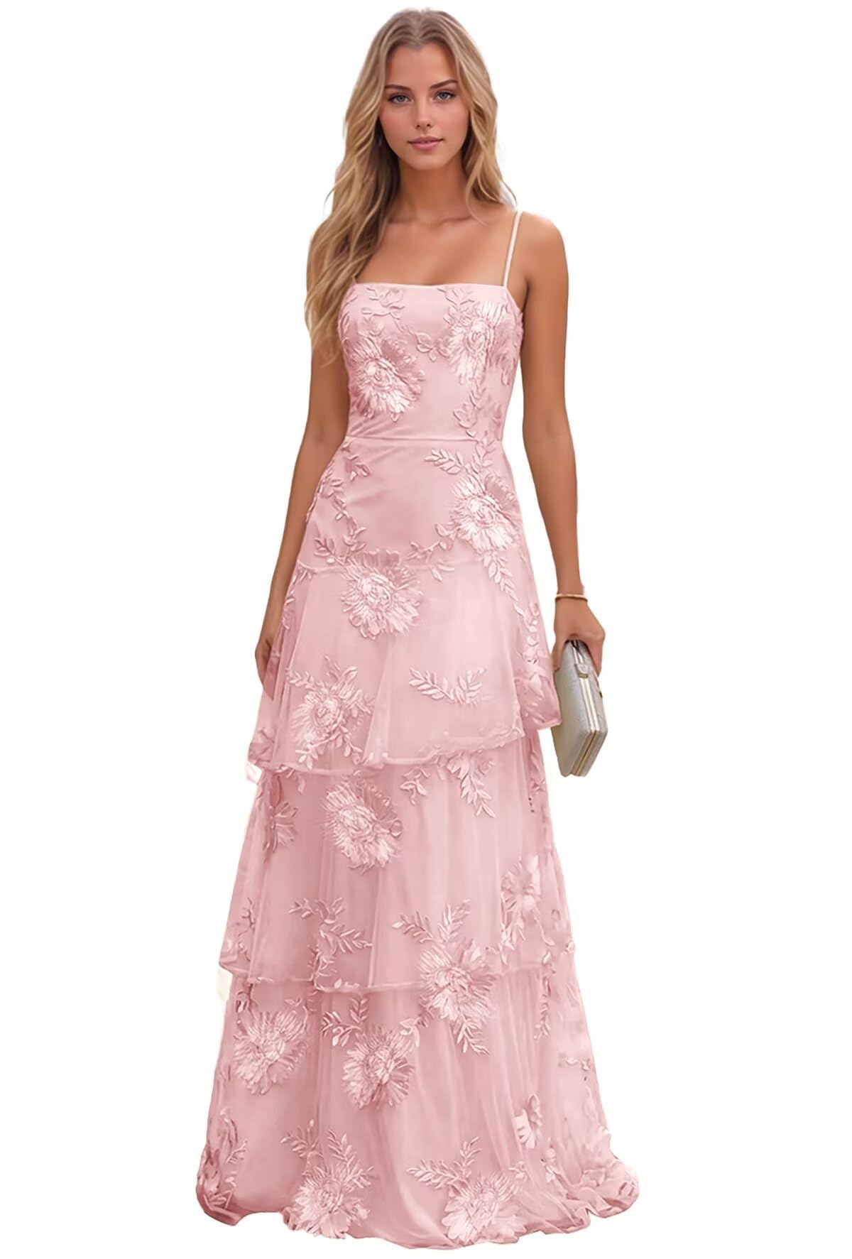 Jacquard Laces Prom Dress for Women Spaghetti Strap Bridesmaid Dresses Long Formal Wedding Party Gown