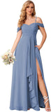 Damen Schulterfreies Brautjungfernkleid Lang mit Schlitz Chiffon Rüschen Falten Formales Partykleid 