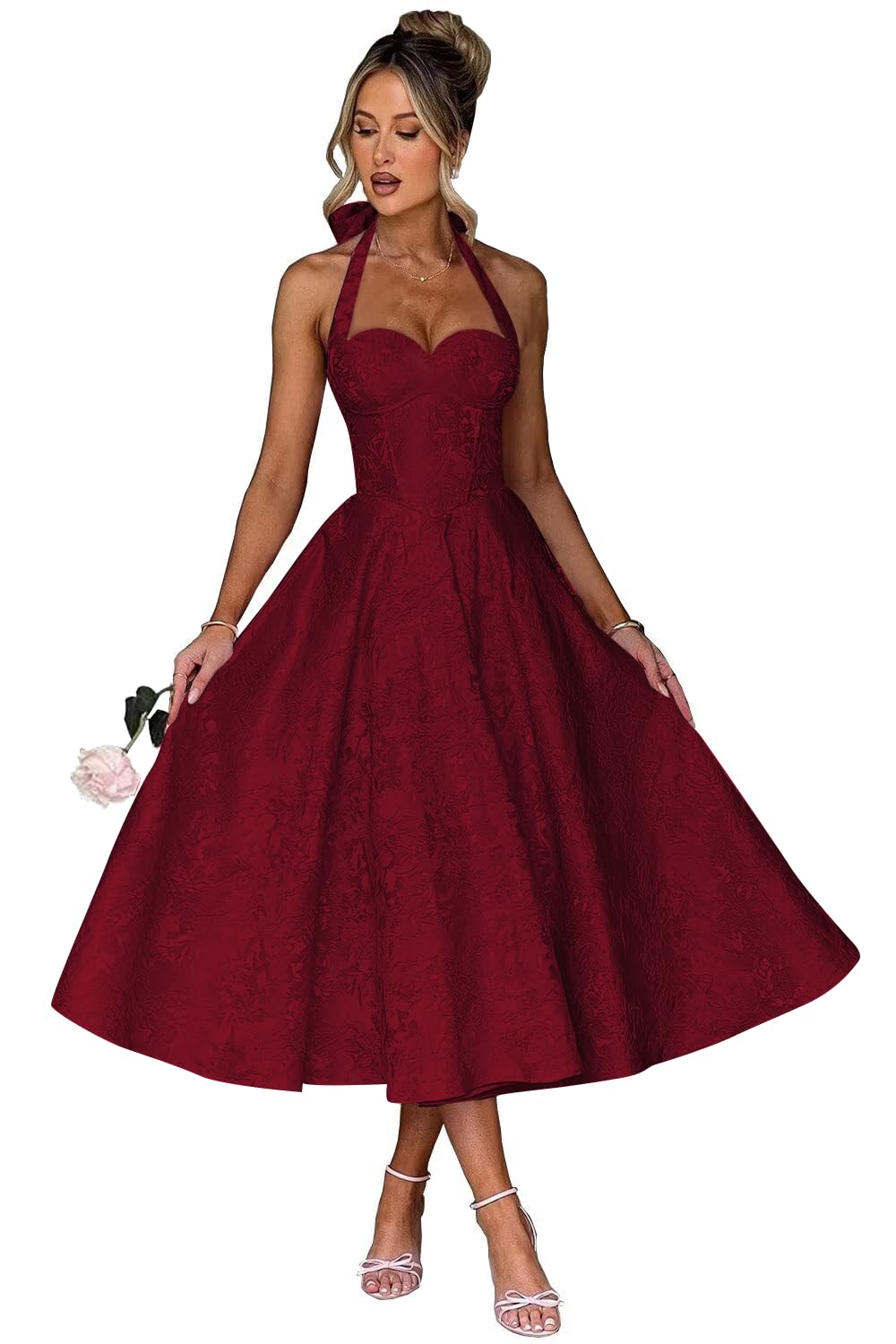 Jacquard Satin Prom Dresses for Women Vintage A-Line Midi Halter Sweetheart Formal Evening Party Gowns with Pockets