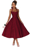 Jacquard Satin Prom Dresses for Women Vintage A-Line Midi Halter Sweetheart Formal Evening Party Gowns with Pockets