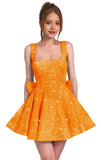 Sparkly Sequin Homecoming Dresses for Teens Short Prom Dress Square Neck Bow Formal Cocktail Gowns with Pockets