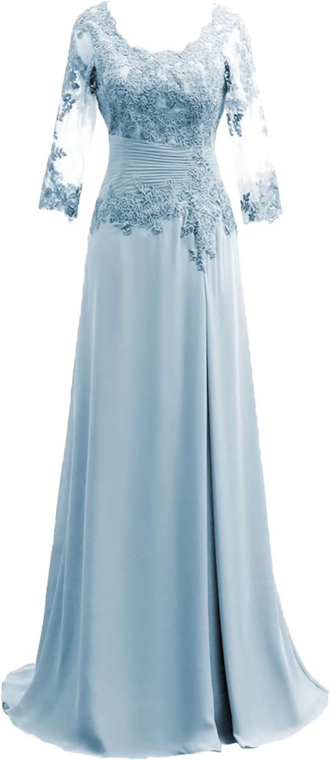 Women's Lace Appliqued Mother of The Bride Dresses 3/4 Sleeves Scoop Long Formal Evening Dress