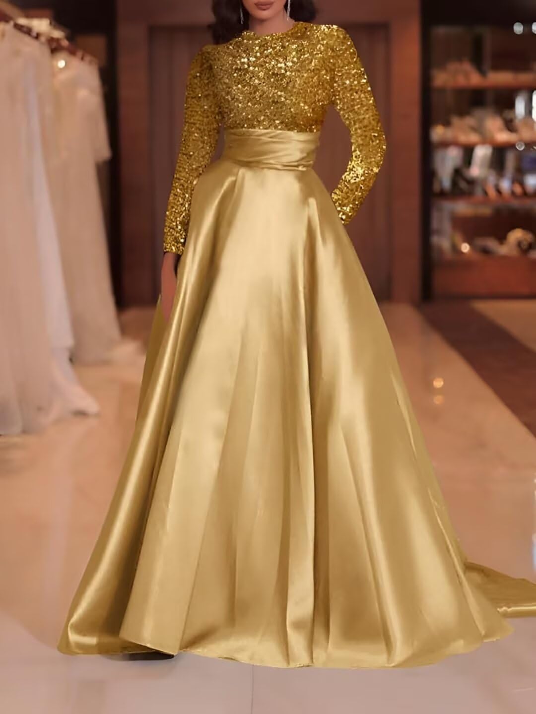 Kingbridal Gowns Long Sleeve Sequin Prom Dresses for Women Satin A-line Formal Dress 2026 Sparkly Evening Party Gowns with Pockets
