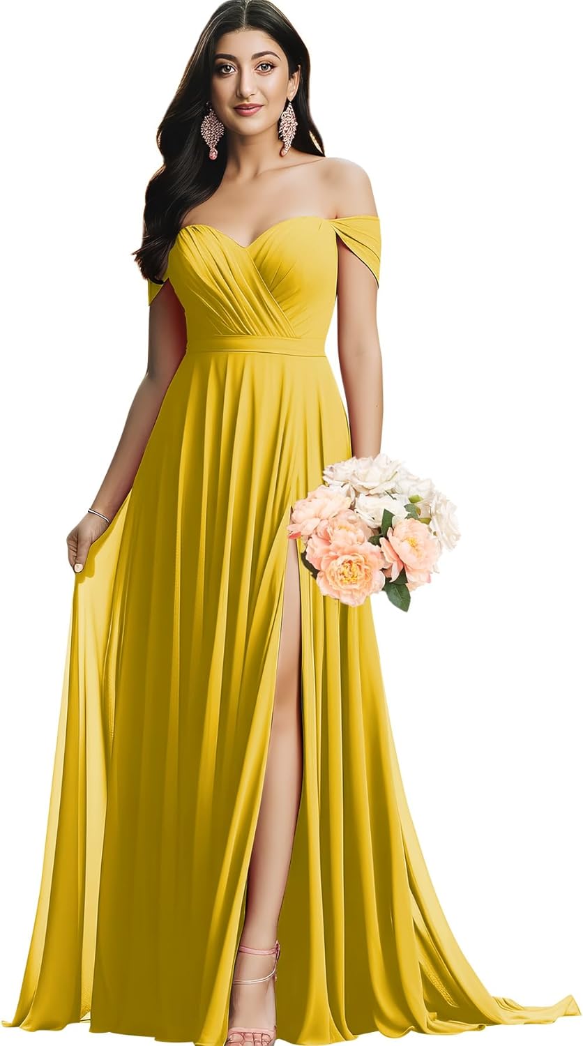 Schulterfreies Brautjungfernkleid für die Hochzeit, gerüschtes Chiffon-Split-Abendkleid mit Taschen 