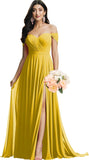 Schulterfreies Brautjungfernkleid für die Hochzeit, gerüschtes Chiffon-Split-Abendkleid mit Taschen 