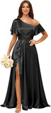 Short Sleeve Satin Bridesmaid Dresses for Women Ruffle One Shoulder Formal Evening Gowns with Slit
