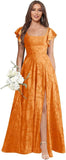 Floral Bridesmaid Dresses for Women Long A-Line Square Neck Lace Formal Evening Gown with Sleeves Slit