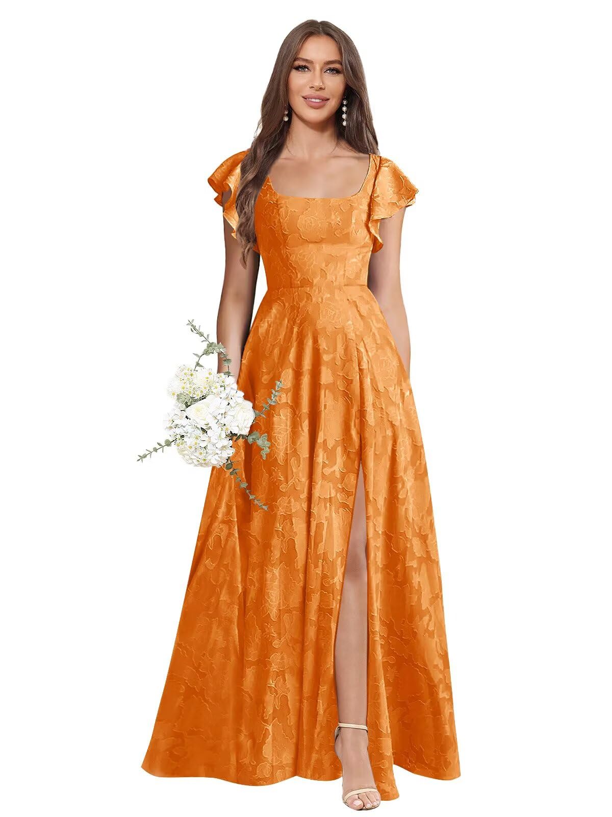 Floral Bridesmaid Dresses for Women Long A-Line Square Neck Lace Formal Evening Gown with Sleeves Slit