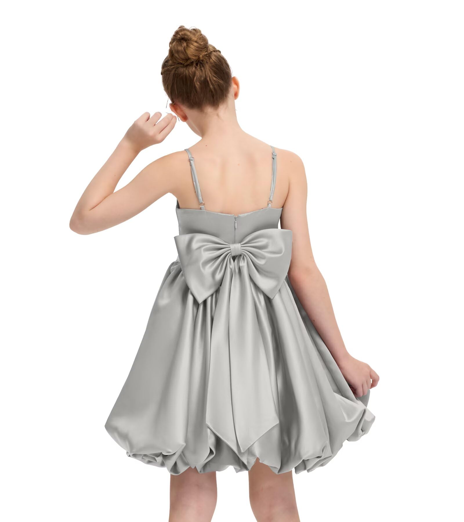 Satin Homecoming Dress for Girls Short Satin Flower Girl Dresses for Wedding Party Prom Gown with Bow