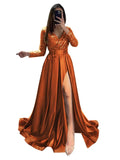Long Sleeve Sequin Prom Dresses for Women 2027 Satin Formal Dress Sparkly Slit Evening Party Gown with Pocket